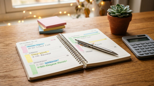 October 16-22 weekly planner with business appointments and tasks for effective time management on wooden desk with office supplies.