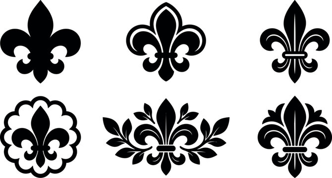 Black fleur de lis decorative vector art set with ornate and simple designs