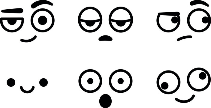 Black and white vector art six funny face expressions with eyes and mouth