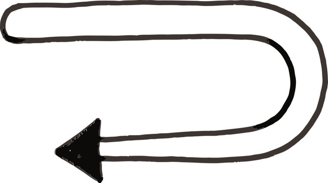 Hand drawn u-turn arrow vector, black ink sketch of curved directional pointer, minimalist return symbol for navigation and interface design
