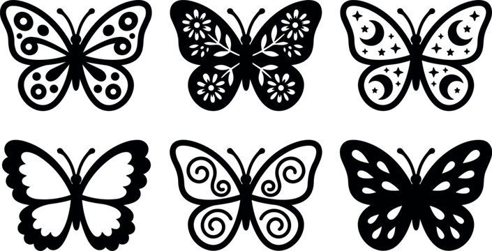 Black and white vector art six decorative butterflies with floral crescent and swirl patterns
