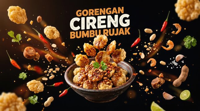 Delicious Indonesian Cireng Bumbu Rujak Food Photography with Garnishes.