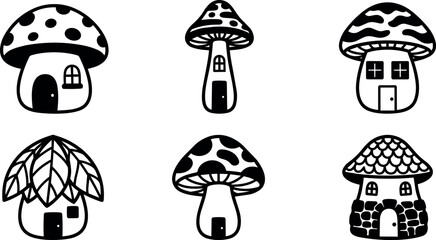 Fototapeta premium Black and white mushroom house icons with varied roofs and doors vector art