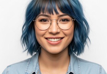 Obraz premium Portrait of a smiling person with blue hair and glasses