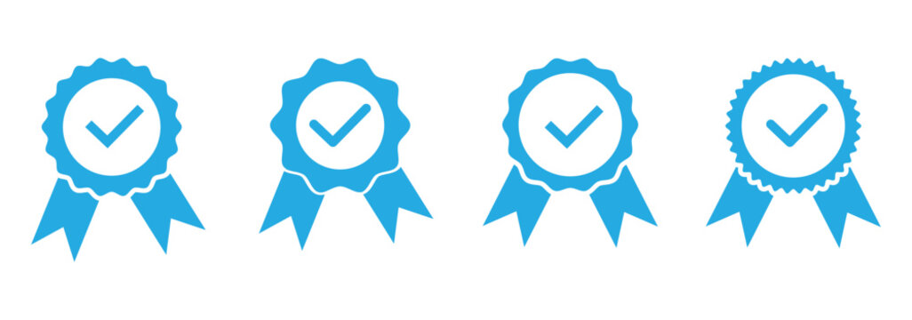 Verified badge icon set featuring tick and check mark symbols, representing approved profiles, guaranteed quality, certification, and verification, vector illustration