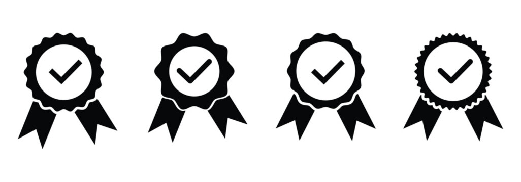 Verified badge icon set featuring tick and check mark symbols, representing approved profiles, guaranteed quality, certification, and verification, vector illustration