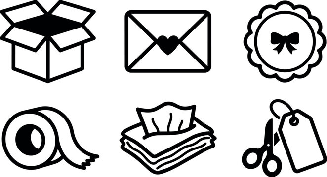 Open box envelope with heart tissue scissors and tag icons