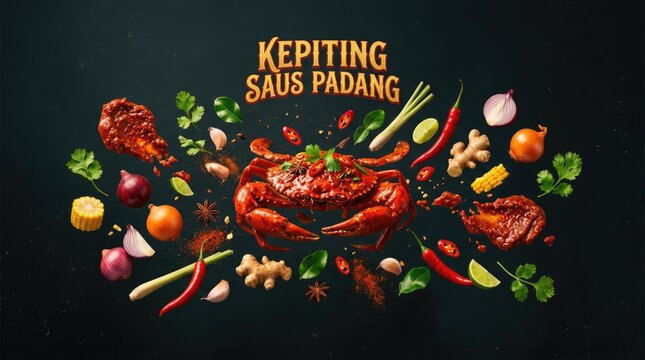 Delicious Kepiting Saus Padang Dish with Fresh Ingredients on Dark Background.