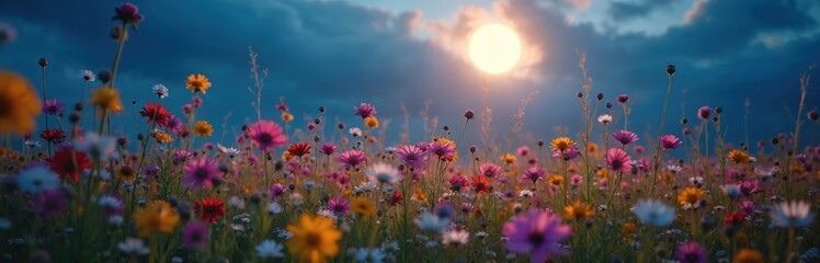Obraz premium Wildflower meadow under full moon sky. Colorful flowers bloom in field at dusk. Nature scene with plants and moonlight glow. Serene botanical landscape for tranquility.