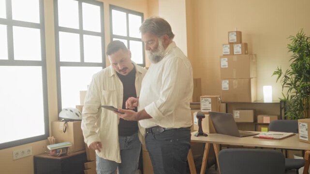 Man with tablet raising hand for high five beside stacked parcels and a laptop on a desk in a packing building; teamwork satisfaction.