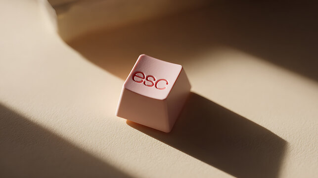 Escape Key Focus: Soft Pink Button with 'esc' Text, Long Shadows on a Neutral Surface, Serene Environment, Close-up View