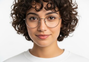 Fototapeta premium Portrait of a person with curly hair and round glasses