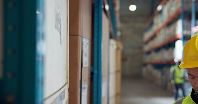 Shipping, barcode scanner and warehouse worker check inventory, freight and box. Man, reader and logistics engineer at shelf for storage inspection, supply chain industry and update stock system