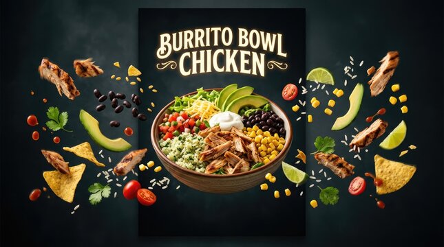Delicious Chicken Burrito Bowl with Fresh Ingredients and Garnishes.