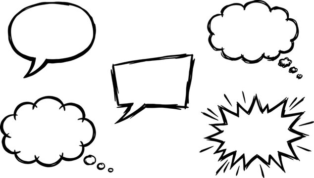 Hand drawn speech bubbles set, 5 black ink comic thought clouds and chat balloons, sketch style dialogue boxes for social media and storytelling