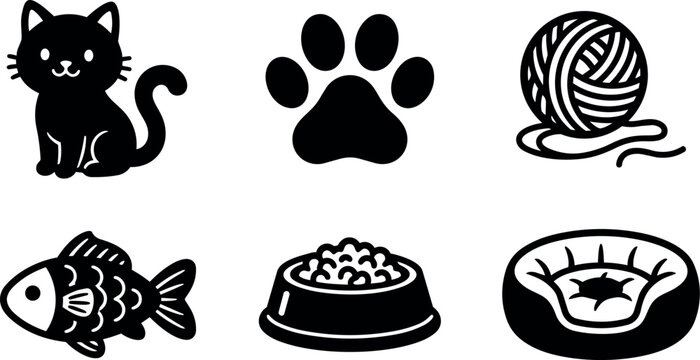 Black cat with paw print yarn ball fish food bowl and pet bed vector art