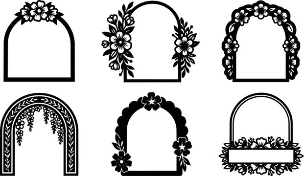 Black and white floral border frames with arch shapes and decorative flowers