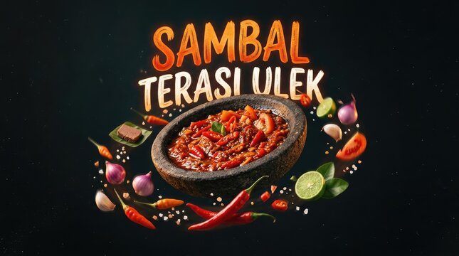 Delicious Sambal Terasi Ulek Dish with Fresh Ingredients on Black Background.
