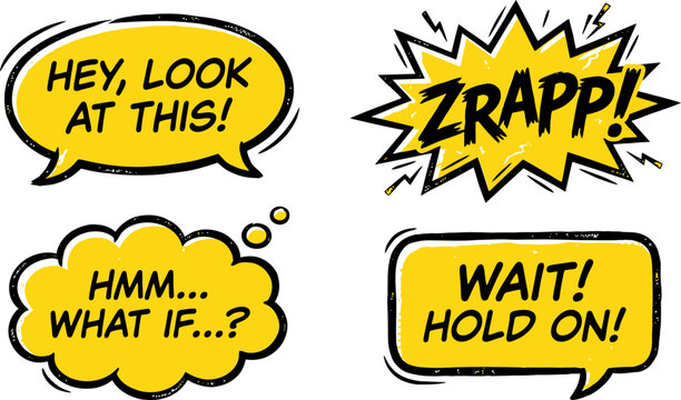 Retro comic book speech bubbles set, yellow pop art thought clouds with text, vintage cartoon sound effects and dialogue balloons vector