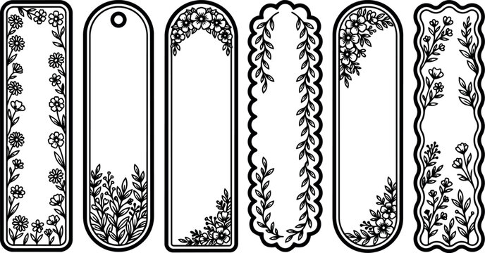 Black and white floral frame bookmarks with leaves and flower border line art