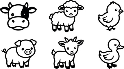 Obraz premium Black and white line art farm animals icons cow sheep chick pig goat duck