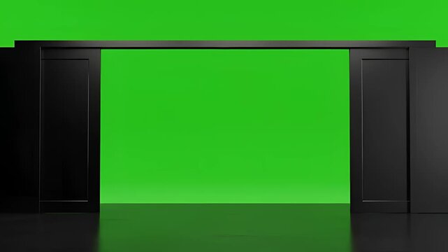 Modern Black Sliding Doors Open to Reveal Bright Green Screen Background.