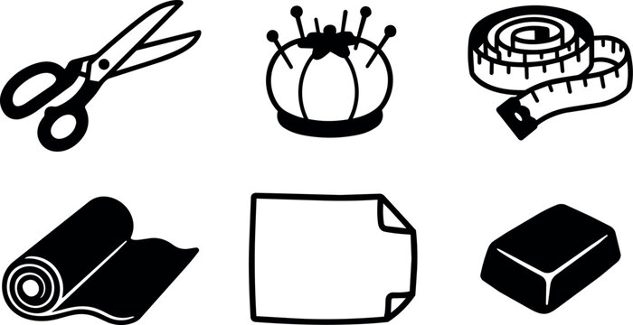 Black and white sewing tools vector art scissors pincushion measuring tape fabric pattern chalk