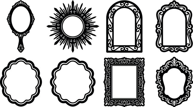 Black and white ornate vintage frame and mirror vector art with decorative patterns