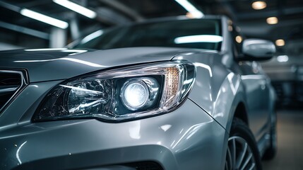 Fototapeta premium Front car lamp detail in modern garage with clean composition, commercial automotive photography style and premium vehicle presentation