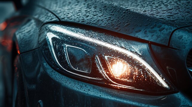 Close up luxury car lamp with rain droplets, cinematic lighting and detailed automotive texture creating moody premium atmosphere
