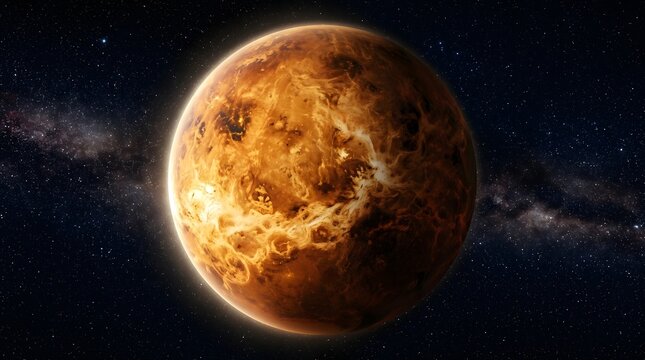 Planet Venus Glowing with Fiery Atmosphere Against a Starry Cosmic Background for Educational Visuals