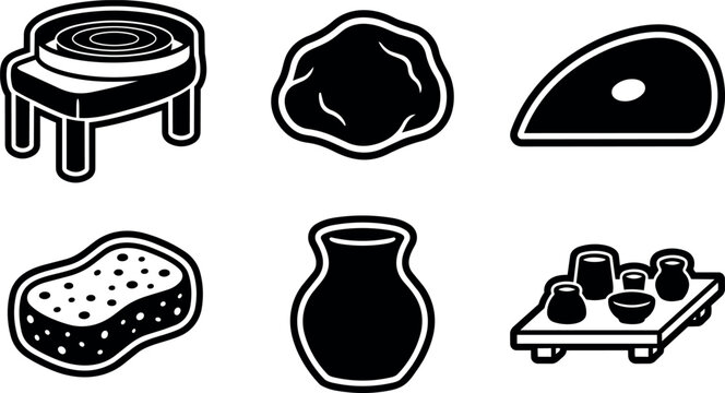 Black and white pottery wheel vase pottery tools and clay vector icons