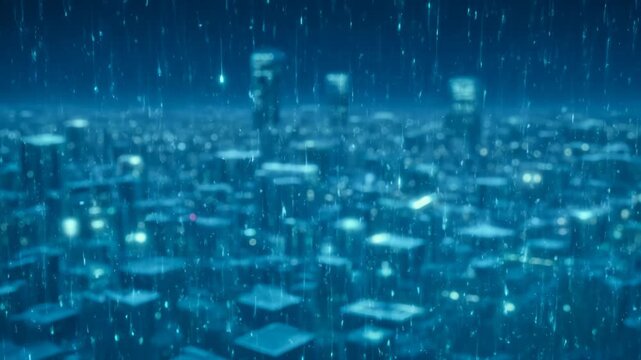 Digital Data Rain Falling Over A Futuristic Smart Cityscape At Night