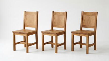 Fototapeta premium Traditional oak wood dining chairs with panel backrest design and cross support beams featuring rich golden grain patterns on white floor for rustic home kitchen furniture collection.