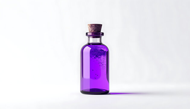 Small glass vial with purple liquid and cork stopper, isolated on white background, potion or elixir