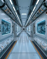 Obraz premium advanced research laboratory corridor with glowing medical interface panels, futuristic sterile environment