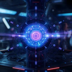 Obraz premium Futuristic glowing blue sci-fi reactor core with complex digital HUD interface panels