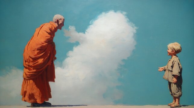 A monk in orange robes and a young boy stand facing each other under a cloudy sky, creating a serene and contemplative scene.