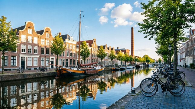Picturesque Dutch canal harbor featuring traditional sailing barge, historic red brick buildings with classic architecture, tall chimney, bicycles, trees lining waterfront, calm water reflections, gol