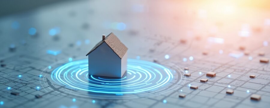 Miniature house on digital city map. Glowing circles show real estate market hotspots. Futuristic urban planning concept. Smart housing development idea.