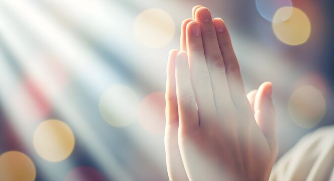 Hands gently pressed together in deep prayer, bathed in golden light rays, with elegant, shimmering bokeh creating a serene and hopeful spiritual atmosphere