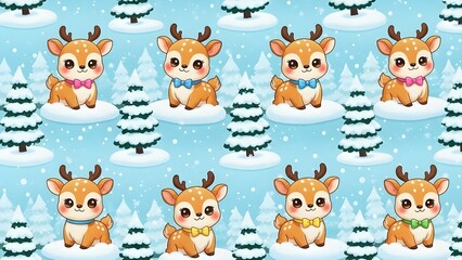 Fototapeta premium Seamless pattern featuring adorable cartoon deer wearing colorful bow ties amidst a whimsical snowy forest scene, ideal for holiday and children's projects