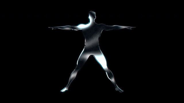 Silver metallic man standing with arms and legs spread wide silhouette. Alpha channel. Seamless loop video.