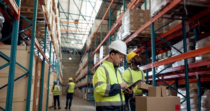 Shipping, table and freight with man in warehouse for delivery confirmation, logistics and storage. Inventory, digital schedule and cargo checklist with employee in factory for email tracking link