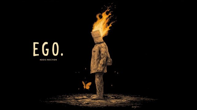 A person with a box for a head engulfed in flames stands alone on a dark ground, symbolizing ego or inner turmoil, with a butterfly nearby.