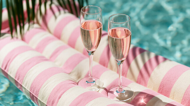 Two glasses of ros&eacute; wine on striped float in swimming pool  