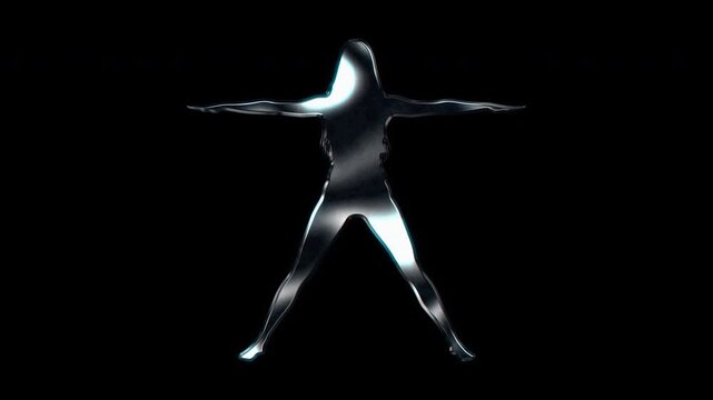 Silver metallic woman standing with arms and legs spread wide silhouette. Alpha channel. Seamless loop video.