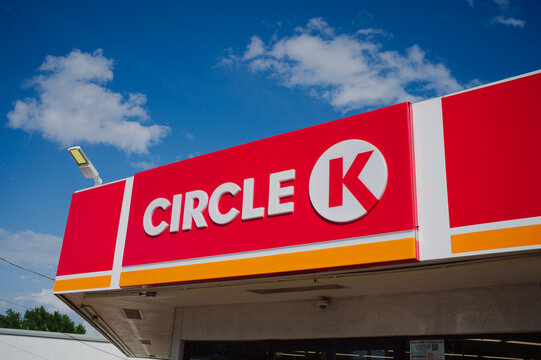 Circle K Convenience Store Sign on Red Facade at Gas Station Under Blue Sky Editorial Use Only St. Petersburg, FL USA May 25, 2026 set against a vivid blue sky; retail branding, roadside commerce and 