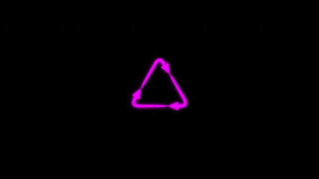 Dynamic 2D magenta Mobius loop animation, a classic flat eco-symbol composed of interlocking triangles, smoothly rotating against a solid black backdrop.
