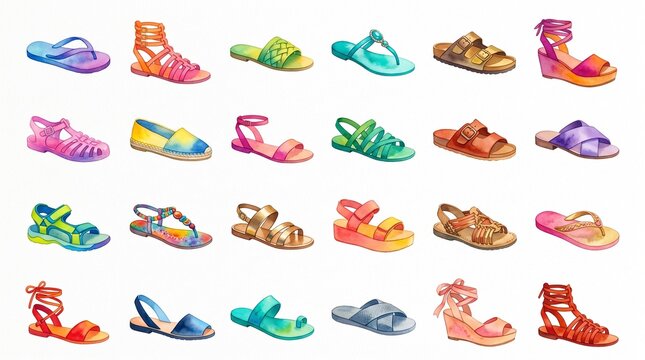 Watercolor women sandals and summer footwear icon set isolated